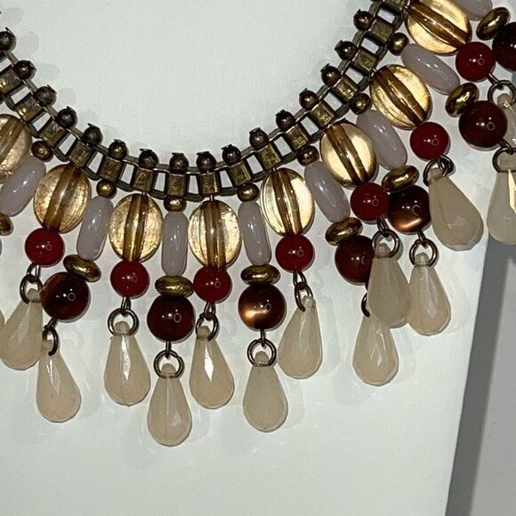 Liz Claiborne Tribal Beaded Necklace Gold Tone Fringe Bib Pink White Glass Bead - Picture 3 of 8